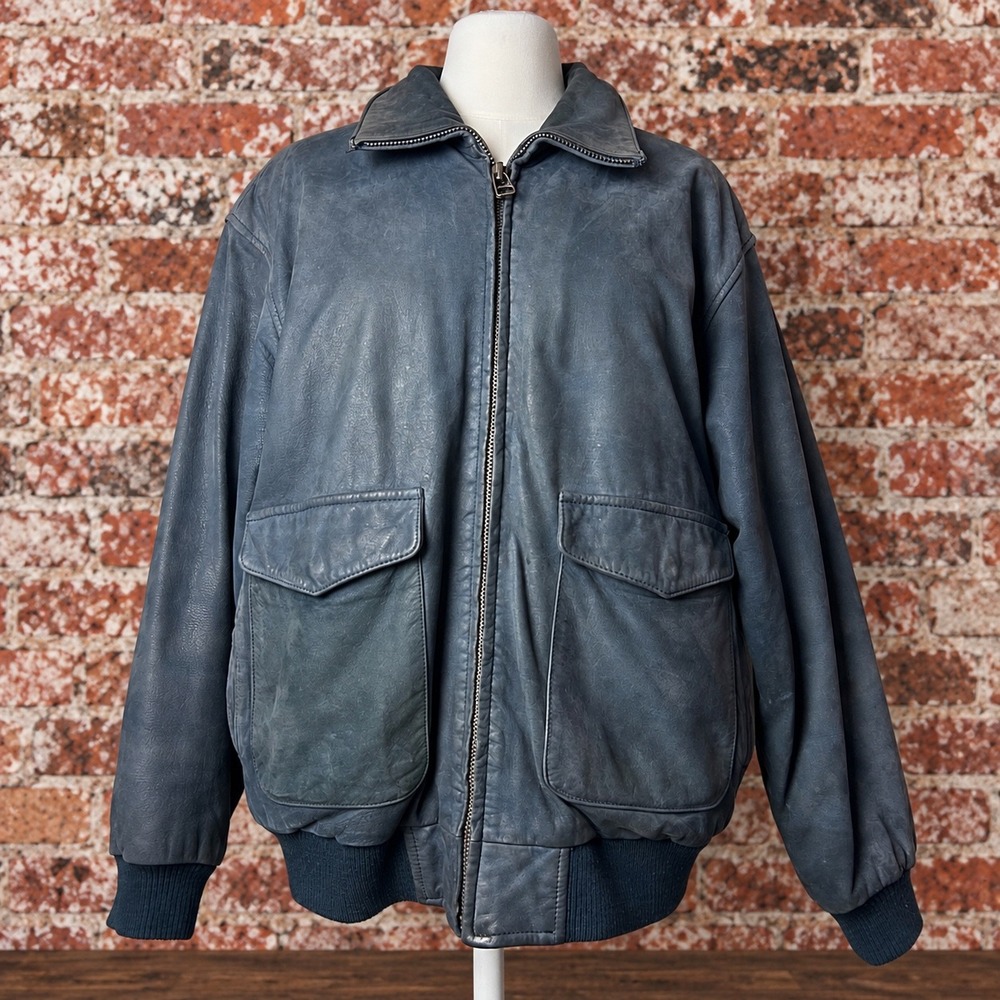VTG Mens Leather Bomber Jacket Blue Grey Quilted Lining S Aviator Patina Western